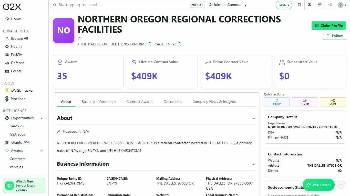 NORTHERN OREGON REGIONAL CORRECTIONS FACILITIES (HK7KAEXNTXM3) Contract Awards, Capabilities, Case Studies & News G2X GovCon Directory